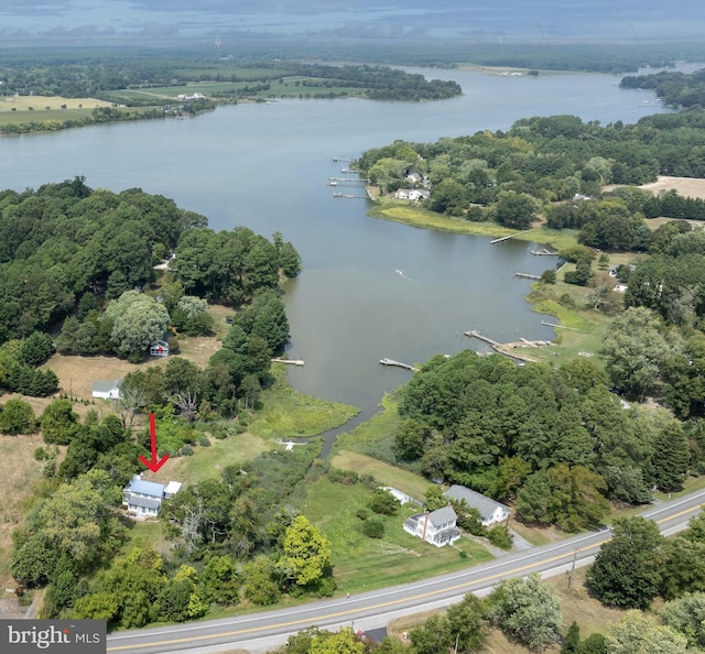 aerial view featuring a water view