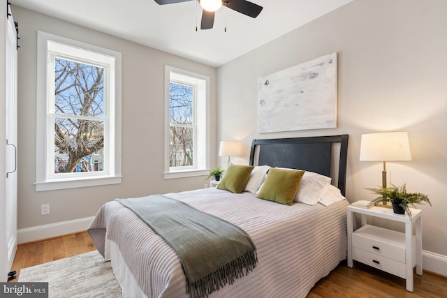 bedroom featuring ceiling fan and light wood-type flooring