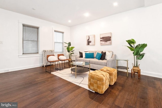 living room featuring radiator heating unit and hardwood / wood-style floors