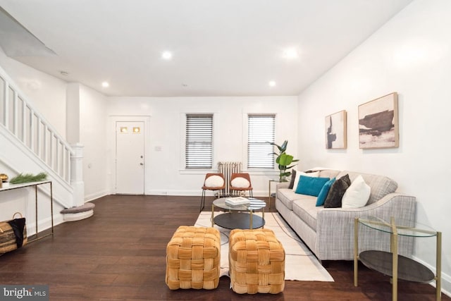 living room featuring dark wood-type flooring