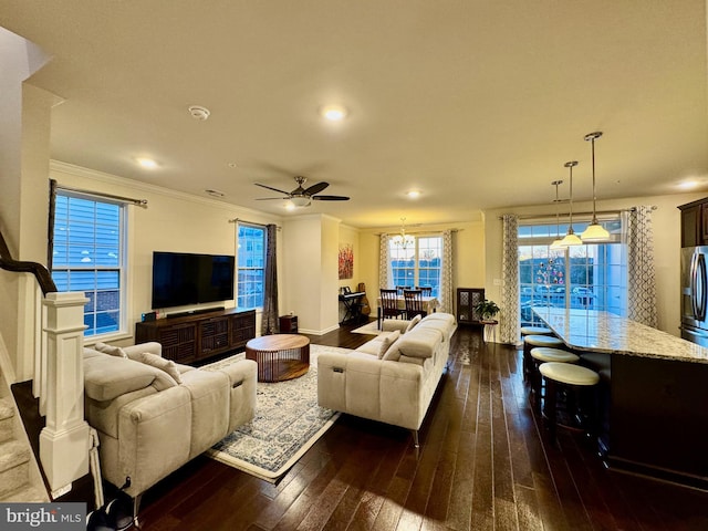 living room featuring dark wood-type flooring, ceiling fan, and crown molding