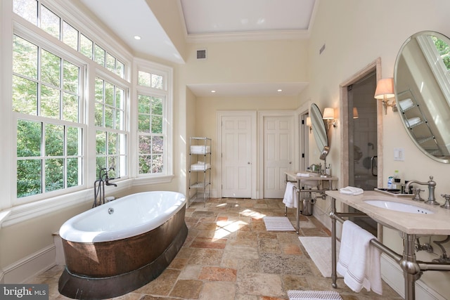 bathroom with crown molding, sink, a towering ceiling, and a bath