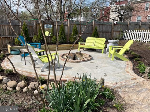 view of patio / terrace featuring an outdoor fire pit and a fenced backyard