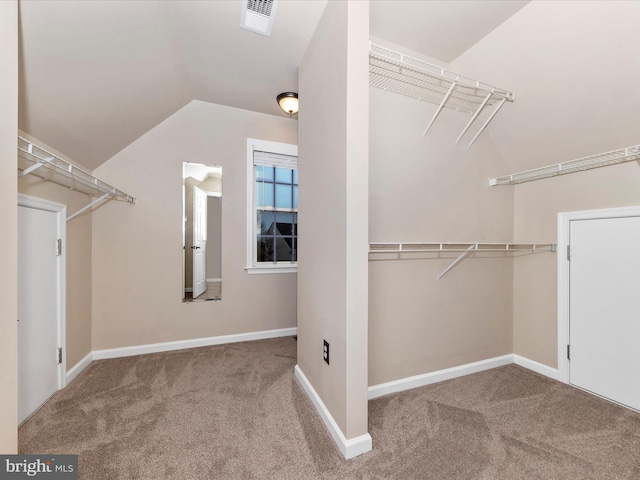 spacious closet with lofted ceiling and carpet floors