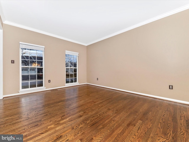 unfurnished room with hardwood / wood-style flooring and ornamental molding