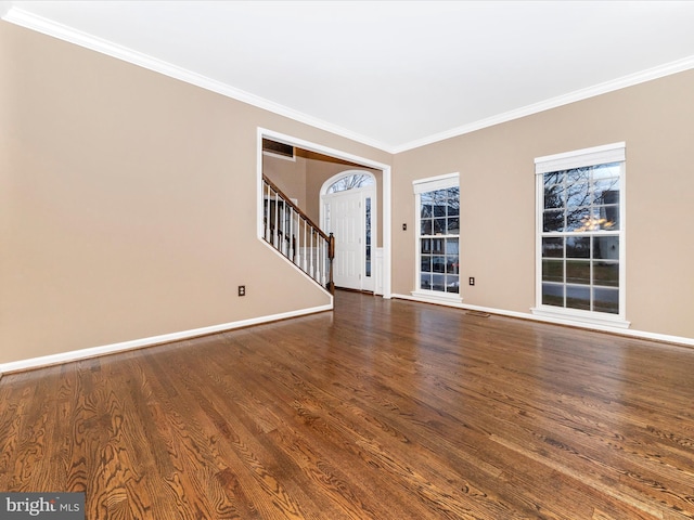 spare room featuring ornamental molding and dark hardwood / wood-style floors