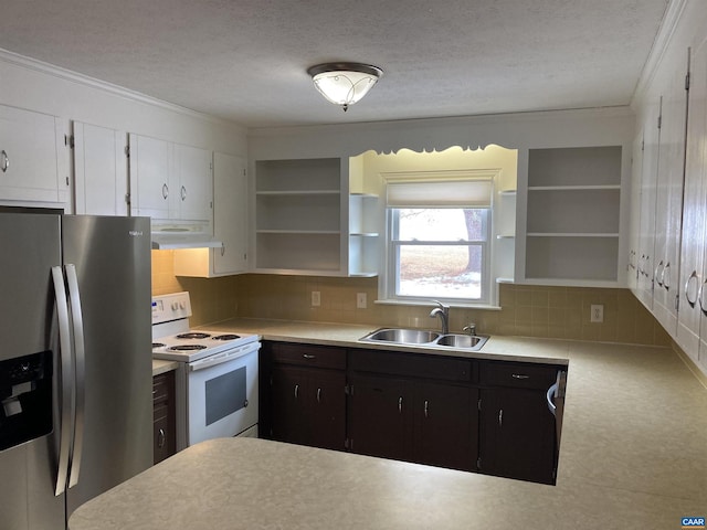 kitchen featuring sink, dark brown cabinetry, white range with electric cooktop, stainless steel refrigerator with ice dispenser, and a textured ceiling