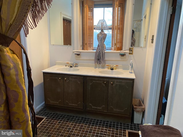 bathroom with vanity and a water view