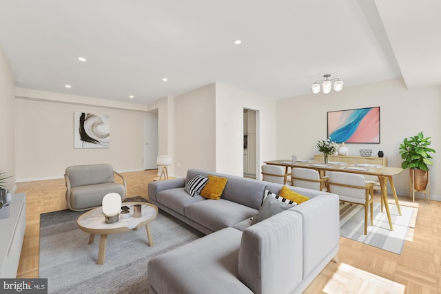 living room with light parquet floors