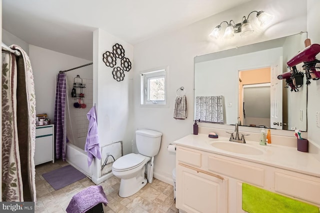 full bathroom featuring vanity, shower / bath combination with curtain, and toilet