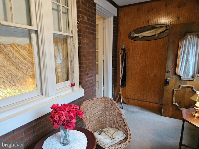 interior space with carpet flooring and wood walls