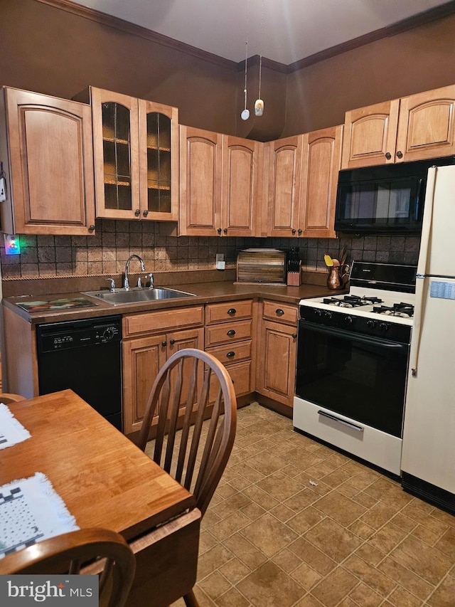 kitchen featuring tasteful backsplash, crown molding, sink, and black appliances