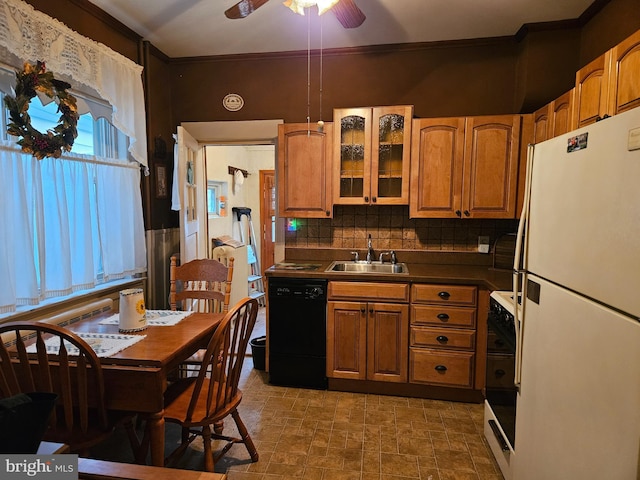 kitchen with sink, range, white refrigerator, dishwasher, and decorative backsplash