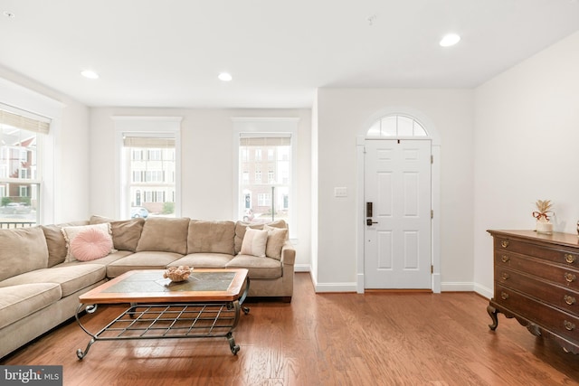 living room with baseboards, wood finished floors, and recessed lighting