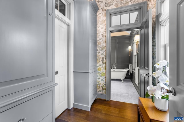 interior space with dark wood-type flooring