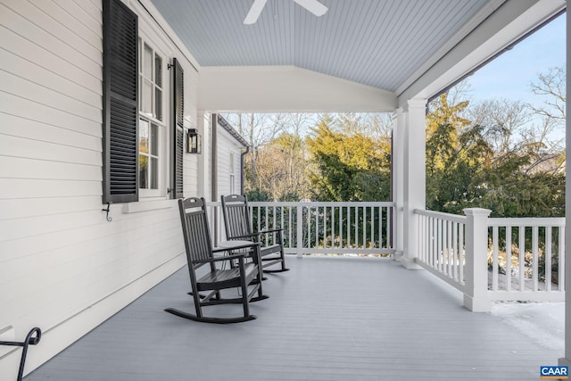 view of patio / terrace featuring ceiling fan and covered porch