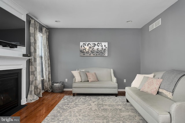 living room with dark wood-type flooring