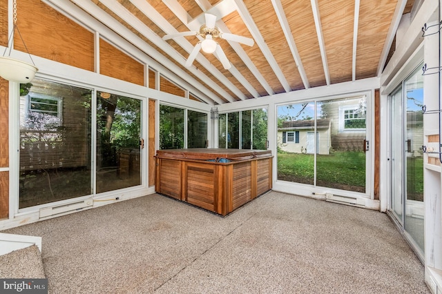 unfurnished sunroom with vaulted ceiling, wooden ceiling, and ceiling fan