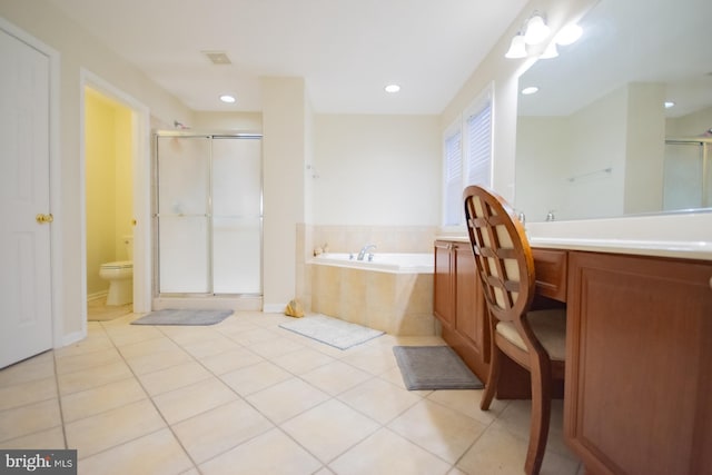 full bath featuring a stall shower, tile patterned floors, and a bath