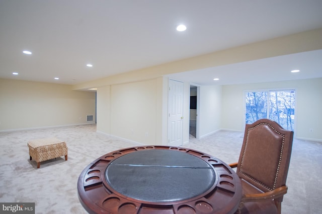 interior space with recessed lighting, carpet flooring, and baseboards