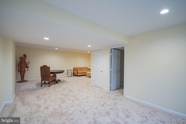 unfurnished room with carpet, baseboards, and recessed lighting