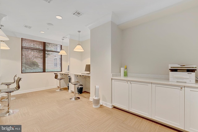 interior space featuring light colored carpet