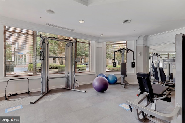 workout room with ornamental molding and plenty of natural light