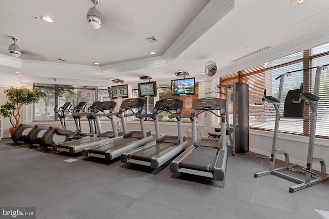 workout area featuring a tray ceiling and ornamental molding