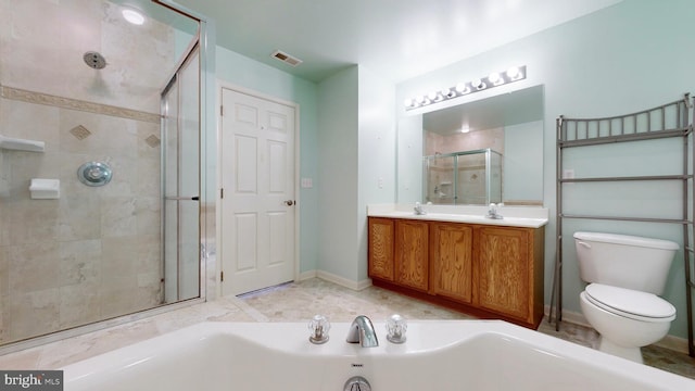 full bathroom featuring shower with separate bathtub, vanity, and toilet