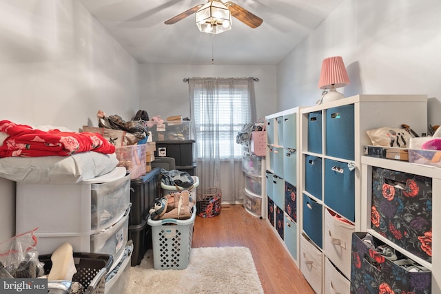 storage area featuring ceiling fan