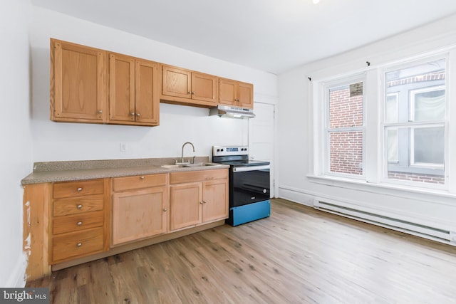 kitchen with stainless steel electric stove, sink, baseboard heating, and light wood-type flooring