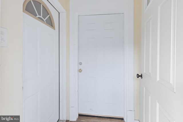 doorway with dark hardwood / wood-style floors