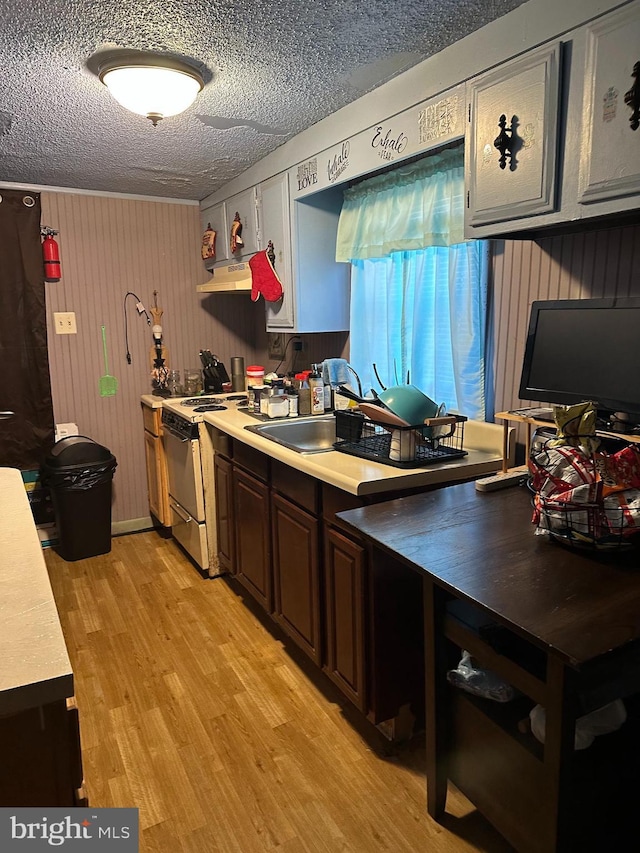 kitchen featuring sink, white range with electric cooktop, dark brown cabinetry, a textured ceiling, and light wood-type flooring