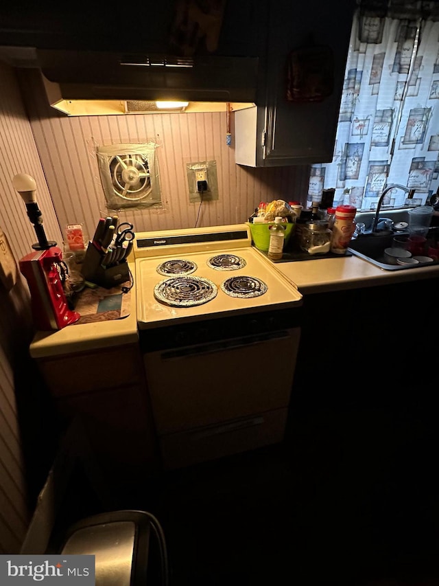 kitchen with black range with electric stovetop, sink, exhaust hood, and wooden walls