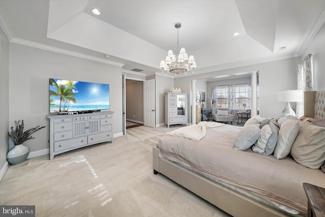 carpeted bedroom featuring crown molding, a tray ceiling, and an inviting chandelier