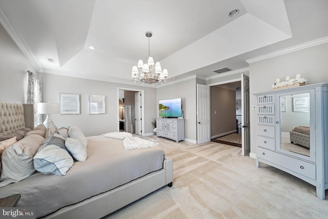 carpeted bedroom with crown molding, a raised ceiling, and a notable chandelier