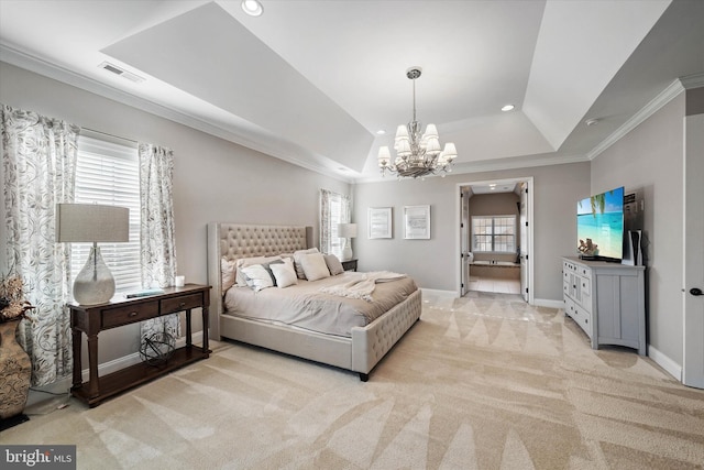 bedroom with crown molding, a tray ceiling, light carpet, and a notable chandelier