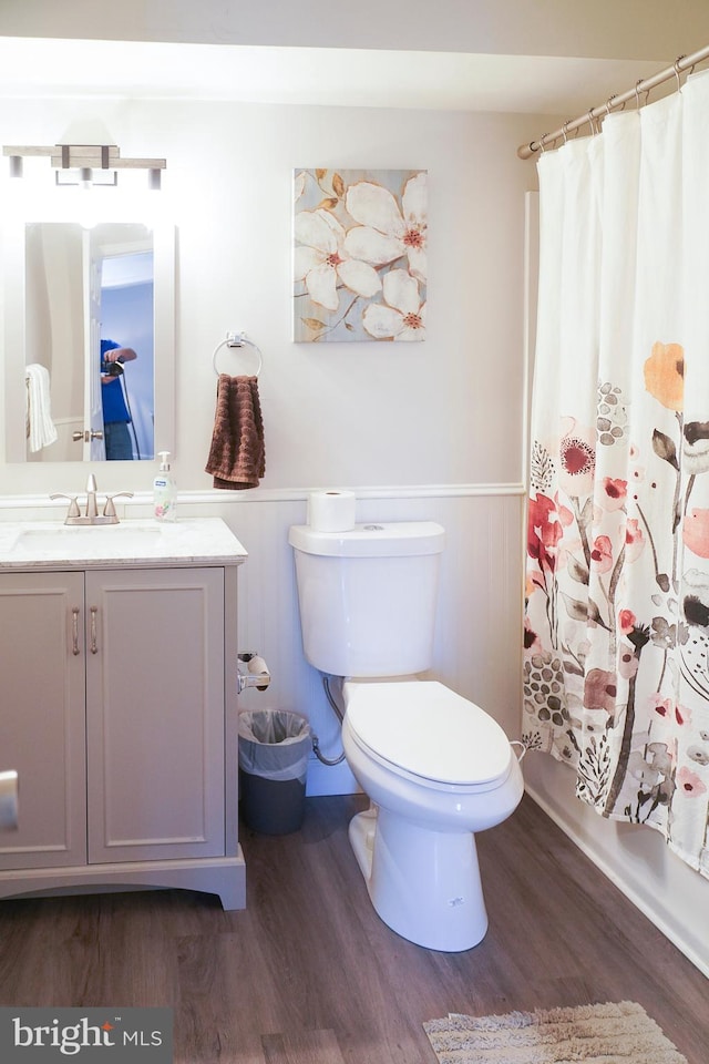 bathroom featuring vanity, toilet, and hardwood / wood-style floors