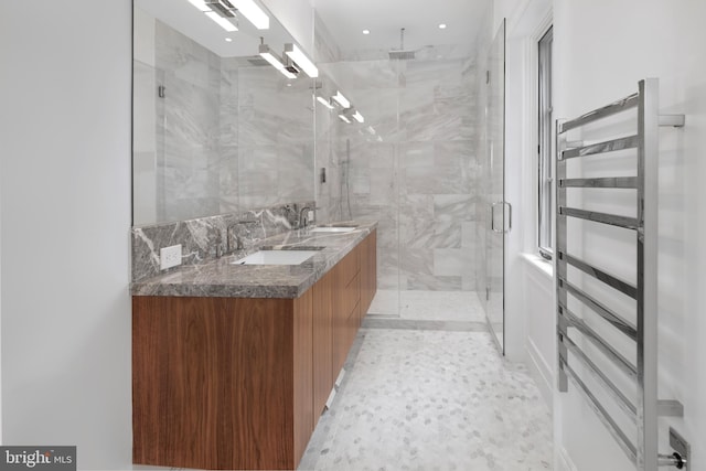 87 Library Pl, Princeton, NJ 08540 - full bath with radiator, a stall shower, double vanity, and recessed lighting