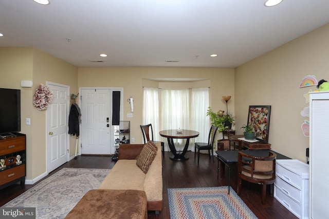 living room with dark hardwood / wood-style flooring