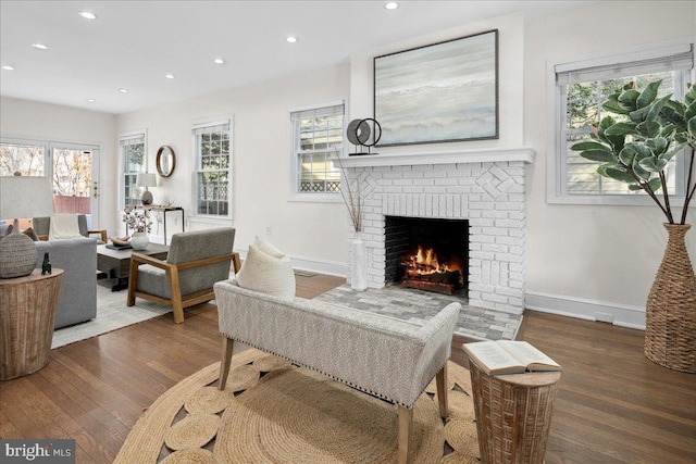 living room with dark hardwood / wood-style floors and a fireplace