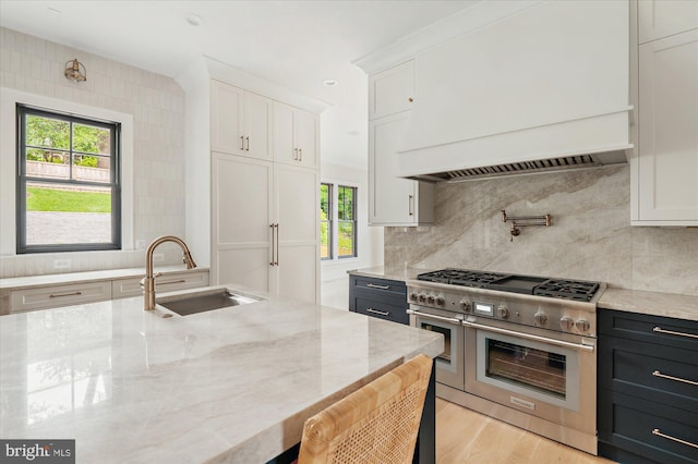 kitchen with white cabinetry, double oven range, sink, and light stone counters