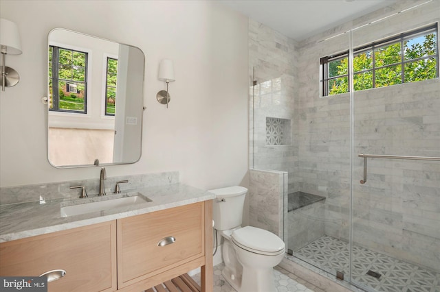 bathroom featuring an enclosed shower, vanity, and toilet