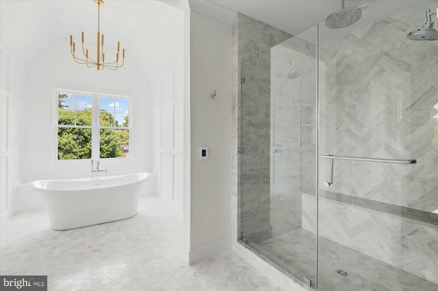 bathroom with shower with separate bathtub and a notable chandelier