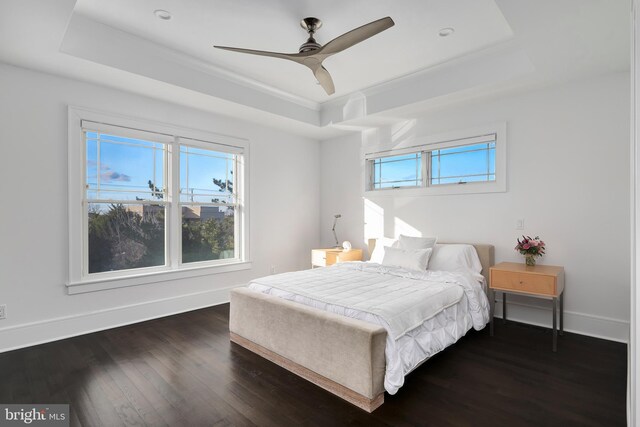 17-C Long Beach Blvd, Long Beach Township, NJ 08008 - bedroom with a tray ceiling, dark wood-style floors, baseboards, ornamental molding, and a ceiling fan