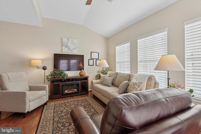 living room featuring hardwood / wood-style flooring, vaulted ceiling, and ceiling fan