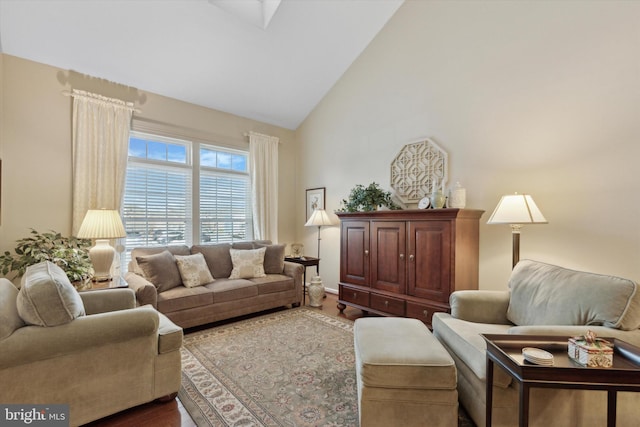 living room featuring hardwood / wood-style flooring and high vaulted ceiling