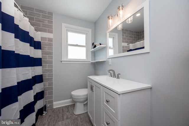 bathroom featuring vanity, toilet, a shower with shower curtain, and wood-type flooring