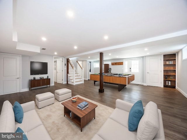 living room featuring pool table and hardwood / wood-style flooring