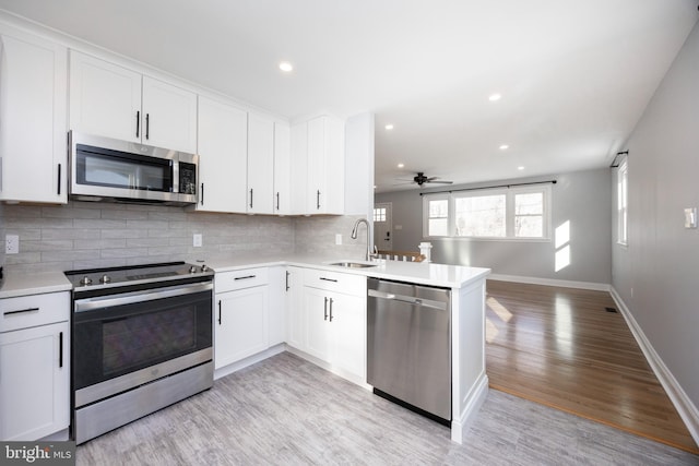 kitchen featuring sink, stainless steel appliances, tasteful backsplash, white cabinets, and kitchen peninsula